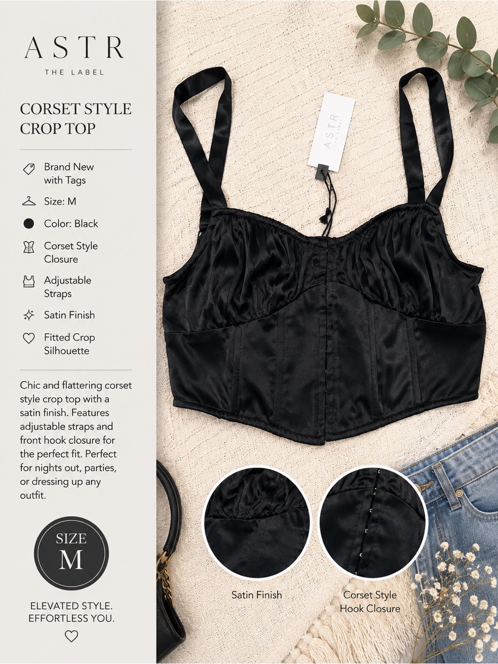 Astr Corset Style Satin Crop Top - Black